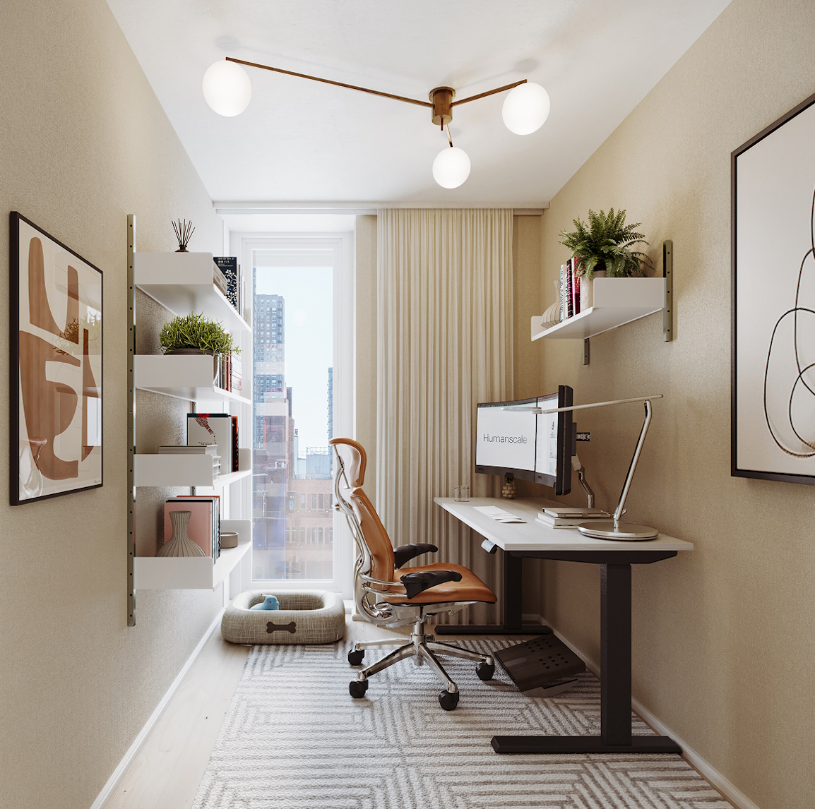 Dedicated home office at a luxury Hell's Kitchen condo: Humanscale ergonomic chair, adjustable desk and Midtown Manhattan views.