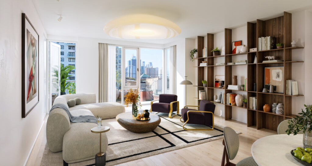 Linden Lane luxury condo living room with a curved sofa, built-in shelving and private balcony with Midtown Manhattan views.